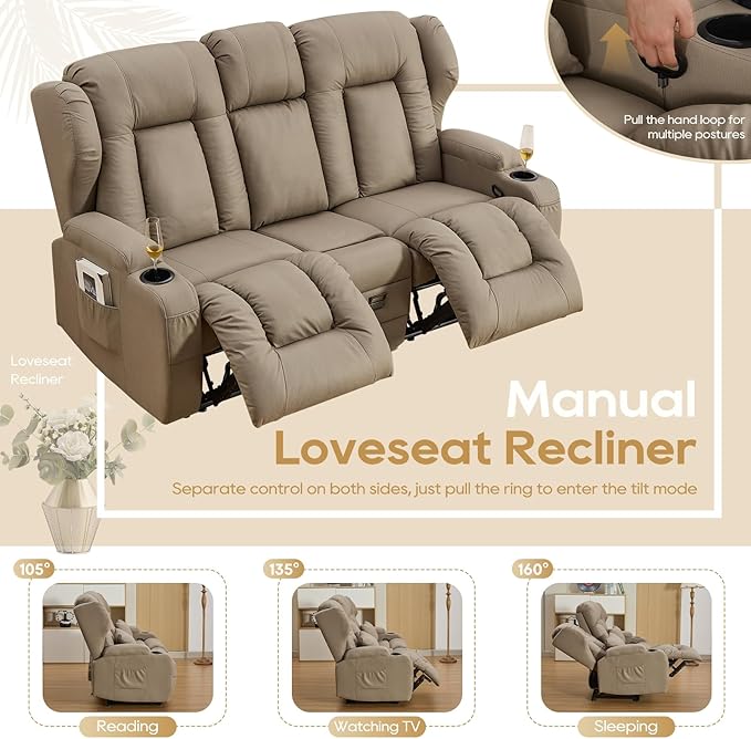 IPKIG 68 Loveseat Recliner Sofa - 3 Seater Reclining Sofa with Flip Middle Backrest Versatile Power Outlet Storage Drawer Cup Holders Lumbar Pillows Manual Recliner (Khaki 68 Loveseat)