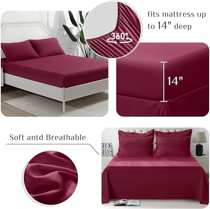 JOLLYVOGUE California King Comforter Set Ultra-Soft Bed in a Bag Cal King Size 7 Pieces Oeko-TEX Certified Bedding Set with Down Alternative Comforter Sheets Pillowcases &amp Shams Burgundy