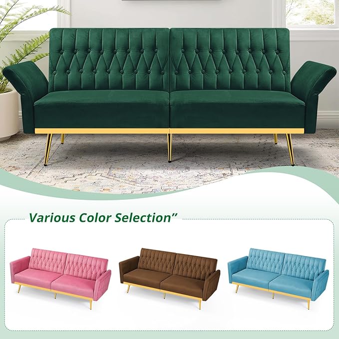 70” Velvet Futon Sofa Bed w/Adjustable Backrests and Armrests Convertible Futon Couch with 2 Pillows Modern Tufted Sleeper Bed for Living Room BedroomGreen