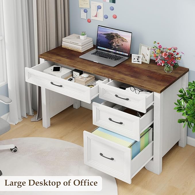 Farmhouse Executive Desk with Drawers Wood Computer Desk with Ample File Drawer Rustic Home Office Desk with Storage for Bedroom Living Room White
