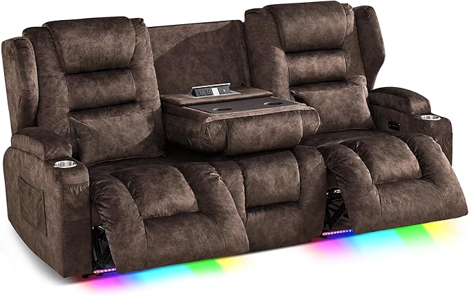 SAMERY Loveseat Recliner Sofa Power Reclining Loveseat Sofa Wall Hugger Recliners RV Couch with Flip-Backrest Solid Wood Top Ambient LED Lights USB-C Outlets Velvet Chestnut | Extra Wide Seat