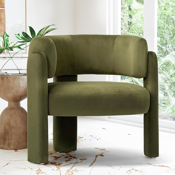 COLAMY Modern Velvet Accent Chair Upholstered Barrel Chair Comfy Side Arm Chair with 3 Legs for Living Room Bedroom Reading Green