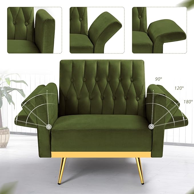 Velvet Accent Chair w/Adjustable Armrests and Backrest Button Tufted Lounge Chair Single Recliner Armchair with Ottoman and a Pillow for Living Room BedroomOlive Green