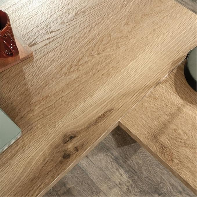 Pemberly Row L-Shaped Engineered Wood Desk Timber Oak Finish 65.12 W x 58.66 D x 29.72 H 1-Drawer Storage File Drawer Cable Management Modern Farmhouse Style Home Office Desk