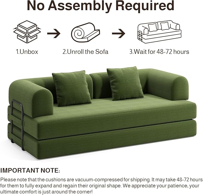 Ahomly 78.8'' Convertible Sofa Bed5-in-1 Boneless Couch with Removable ArmrestsFolding Futon Sofa Bed Includes 2 PillowsComfy Pull Out Couch for Living RoomNo Assembly RequiredGreen