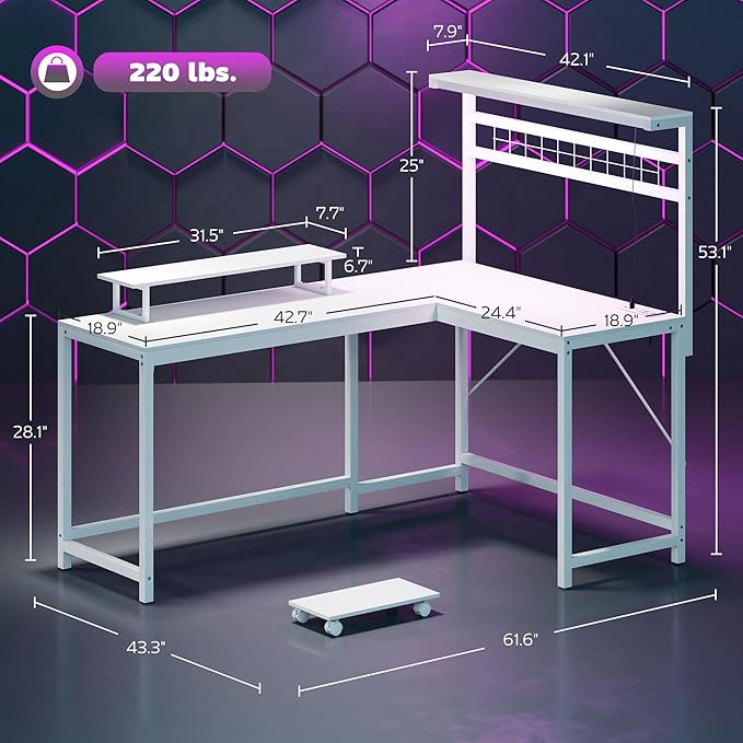 HOMCOM Gaming Desk 62 L Shaped Desk with Power Outlets &amp LED Lights 86 2 Person Computer Table with Shelf &amp Rolling CPU Stand Reversible Corner Office Table with Hutch White