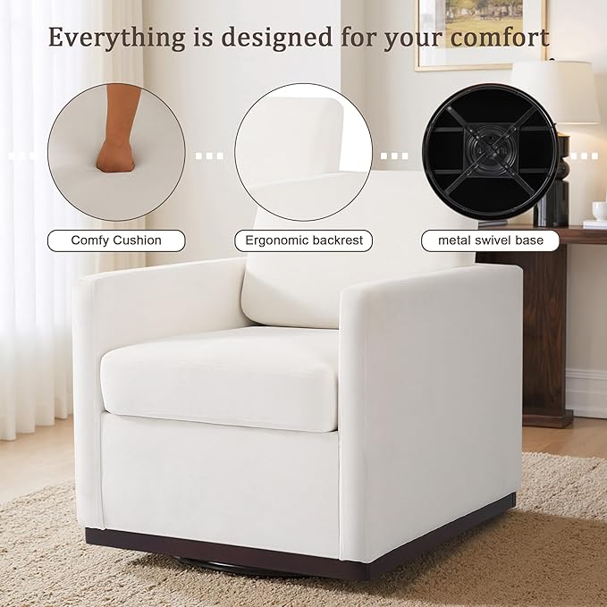 Swivel Accent Chair 360° Swivel Upholstered Club Armchairs for Living Room 31 Wide Square Single Sofa Reading Chair with Deep Seat Metal Swivel Base Chenille Fabric Beige