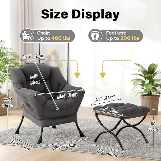 Lazy Chair with Ottoman Large Dark Grey Accent Chair with a Side Pocket Modern Leisure Upholstered Sofa Reading Armchair with Footrest for Office Bedroom Living Room Dorm Rooms Balcony