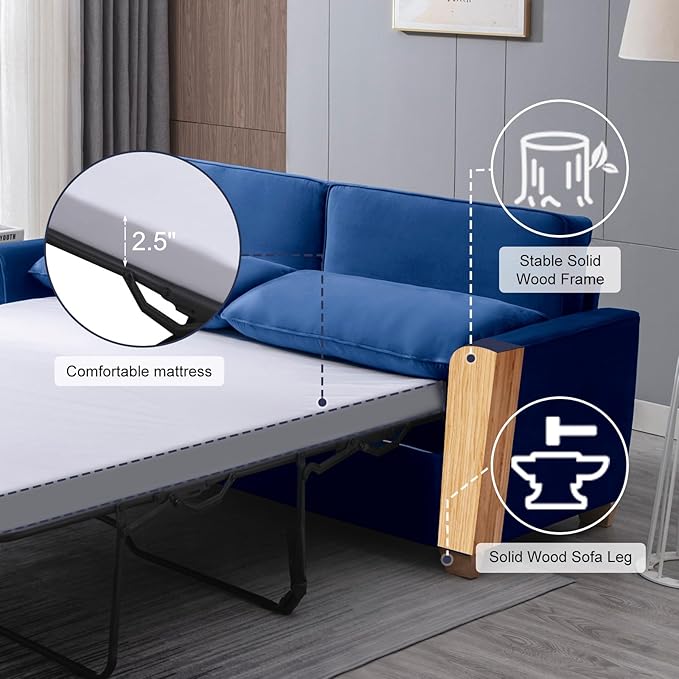 ZAFLY 77 Pull Out Sofa Bed Convertible Sleeper Sofa with Memory Foam Mattress Velvet Modern Couch Bed for Home Apartment Easy Assembly - Blue