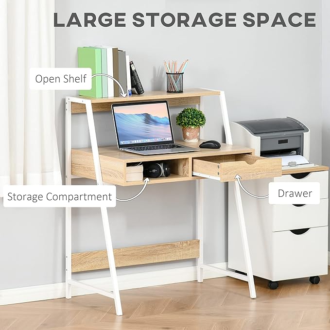 Home Office Desk Computer Desk for Small Spaces Writing Table with Drawer and Storage Shelves Natural