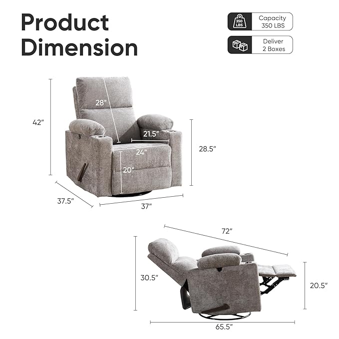 Swivel Rocker Recliner with Adjustable Armrests Rocking Nursery Chair with Adjustable Headrest Cup Holder Manual Recliner Nursing Chair for Breastfeeding Chenille Light Grey