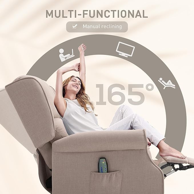 HOMCOM Vibration Massage Recliner Chair for Living Room with Heat Wingback Single Sofa Modern Linen Fabric Push Back Reclining Chair with Footrest Side Pocket Dark Beige