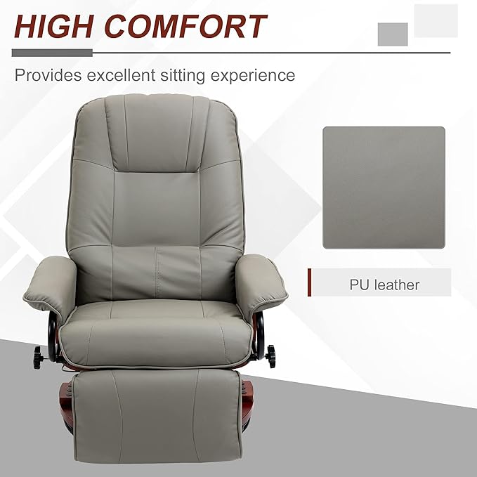 Faux Leather Manual Recliner Adjustable Swivel Lounge Chair with Footrest Armrest and Wrapped Wood Base for Living RoomBedroomMax Reclining 145° (Gray)