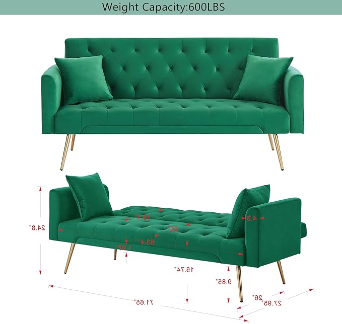 72Modern Velvet Sofa Bed FutonConvertible Folding Sleeper Bed Couches with 3 Adjustable BackrestsTufted Recliner Love Seat with Golden Chrome Legs for Living Room Apartment Office (Green+pillows)