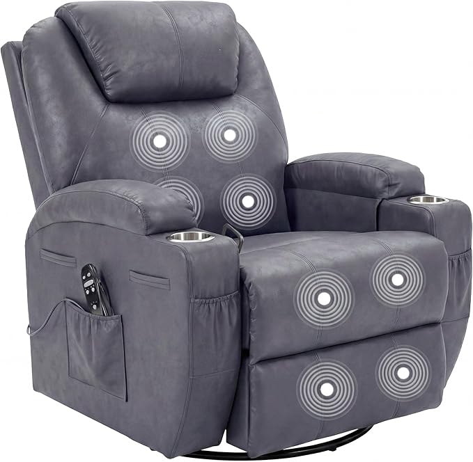 Flamaker Swivel Rocker Recliner for Adults 360 Glider Rocking Chair with Vibration Massage Upholstered Recliner Chair with 2 Cup Holders &amp Side Pockets for Living Room Nursery (Leathaire Grey)