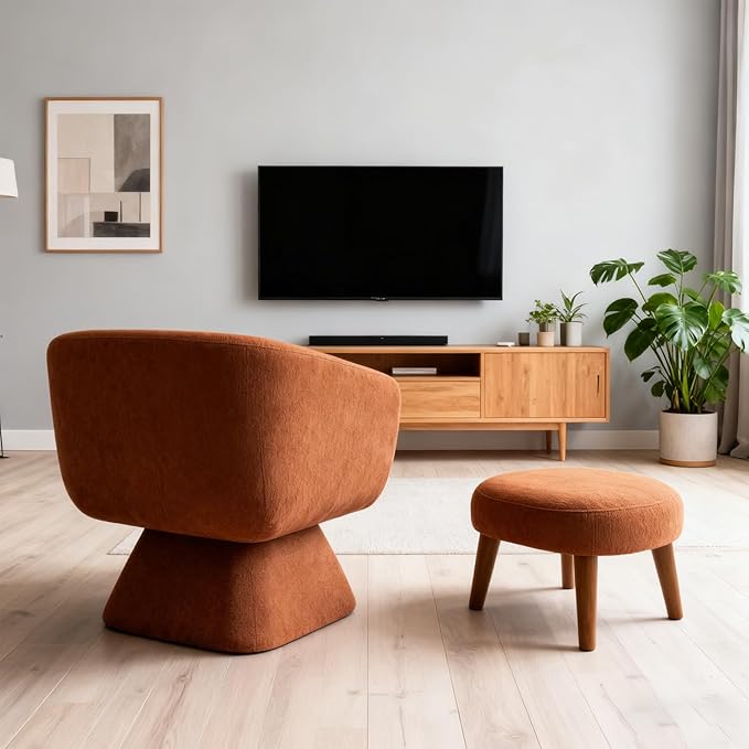 Swivel Barrel Chair and Ottoman Set 360 Degree Club Chair Comfy Boucle Armchair and Footstool Upholstered Accent Sofa Chair w/Footrest for Living Room Bedroom Reception Room Orange