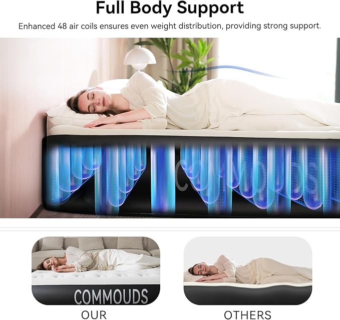 COMMOUDS Queen Air Mattress with Built-in Battery Powered Removable Pump 13 High Inflatable Mattress Portable Blow up Mattress Air Bed for Camping Home and Guest