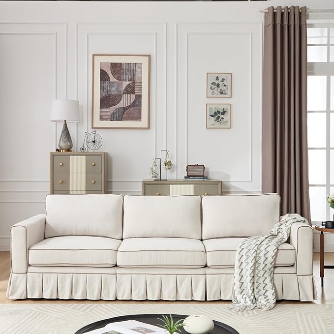 3 Seats Modular Sectional Sofa Couch 98 Modern White Linen Fabric Cloud Couches with Skirts &amp Washable Covers Oversized Upholstered Accent Sofa Couch with Deep Seat &amp Pillow for Living Room