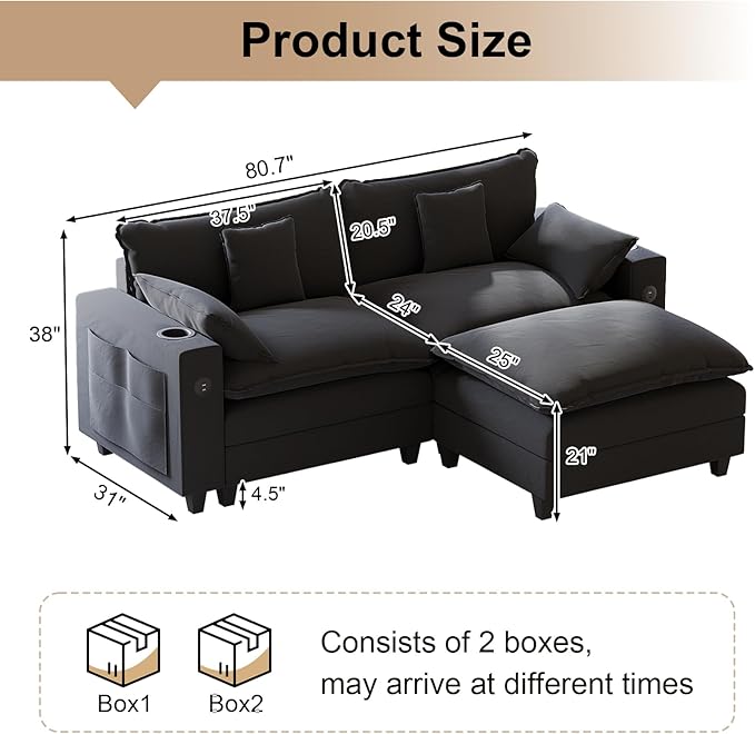 80.7 Modular Sectional Sofa L Shaped Cloud Couch with Movable Ottoman Chenille Deep Seat Cloud Sofa with Charging Station Cup Holder Side Pocket Sectional Couches for Living Room Black