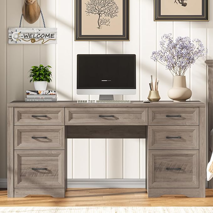 Vabches Farmhouse Executive Desk with File Drawer Home Office Desk with Ample Storage Rustic Office Desk with Spacious Tabletop for Work Grey
