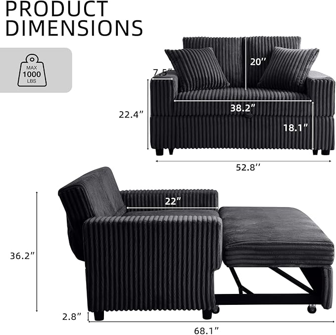 3 in 1 Convertible Sofa Bed52.8 Pull Out Couch with 2 Pillows and Side PocketsModern Corduroy Fabric Sleeper Loveseat with Adjustable Backrest for Living Room Bedroom Apartment (Black Corduroy)