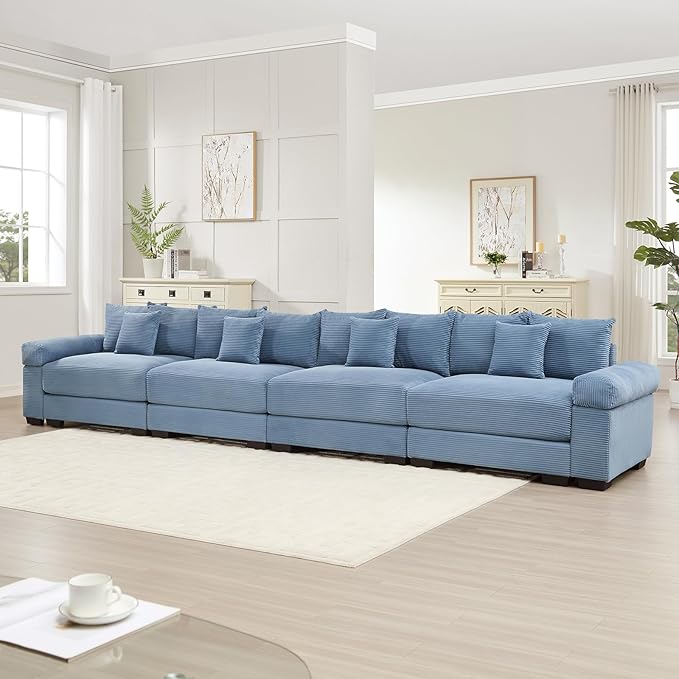 168 Corduroy Sectional Couches for Living Room Blue Comfortable Oversized Sectional Sofa Set with Deep Seat Large 3 Seater Couch Sofas para Sala Modern Corduroy Couch Set