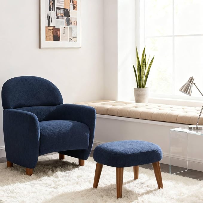 Modern Barrel Chair with Ottoman Upholstered Armchair with Wooden Legs Backrest Single Sofa Soft Cushion Seating Comfy Lounge Chair for Living RoomBedroomReading Corner (Blue)