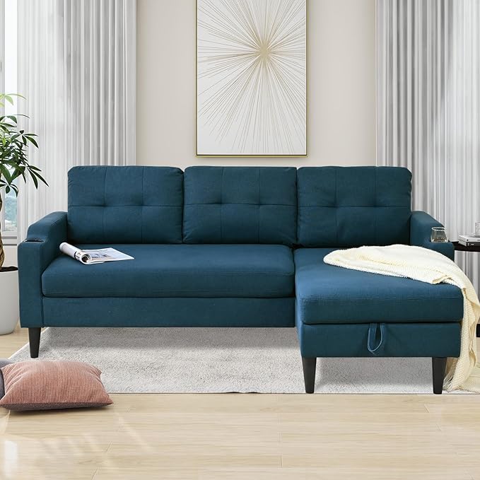 Convertible l Shape Sleeper Sofa Pull-Out Couch Bed with Storage Chaise Linen Upholstered Sectional Corner Apartment Couch with Side Pocket and Cup Holder Removable Backrest (Blue)