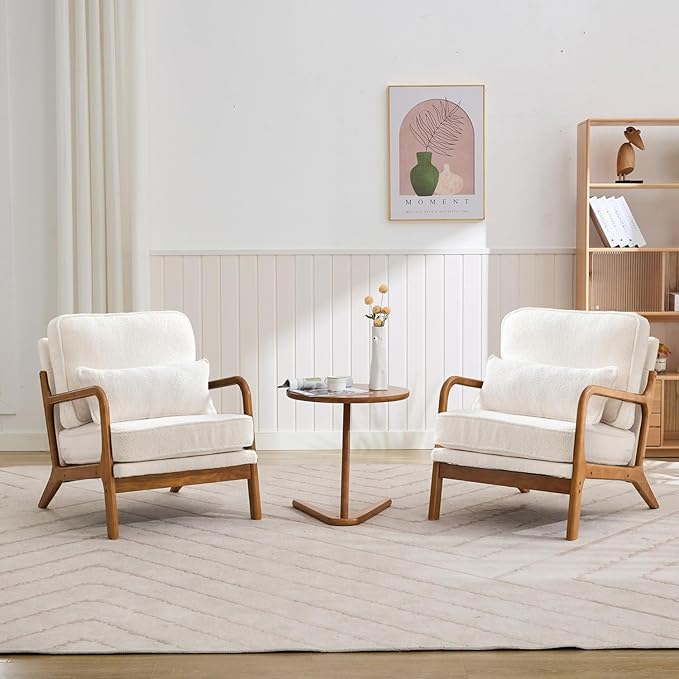 Mid-Century Modern Accent Chair Lounge Reading Armchair with Comfy Cushion &amp Lumbar Pillow &amp Solid Wood Frame for Living RoomBedroomGuest RoomSherpa FabricCreamWhite