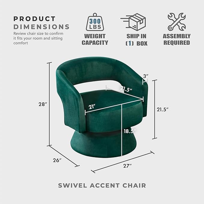 Lexicon 360 Degree Swivel Accent Chair Modern Comfy Velvet Round Barrel Chair Open Back Plush Foam Cushions Metal Swivel Base for Living Room/Bedroom/Office Green