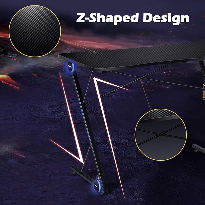POWERSTONE Gaming Desk with Led Light - Z Shaped 43.5 inch Gaming Computer Desk Pc Gaming Table Home Office Desk Gamer Workstation with Carbon Fiber Surface