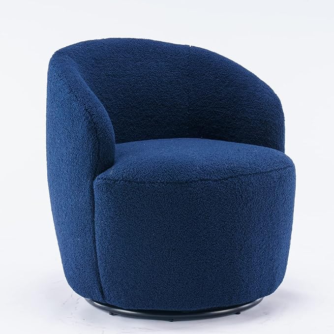Teddy Boucle Swivel Accent Round Barrel Chair Upholstered Armchair Indoor 360° Swivel Lounge Chair Leisure Chair Small Side Reading Chairs for Club Living Room Hotel Bedroom (Dark Blue)