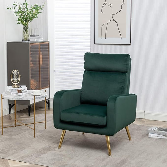Velvet Accent Chair Modern Living Room Armchair Bedroom Dorm Reading Reception Room Comfort Upholstered Sofa Chair Gold Metal Legs Dark Green