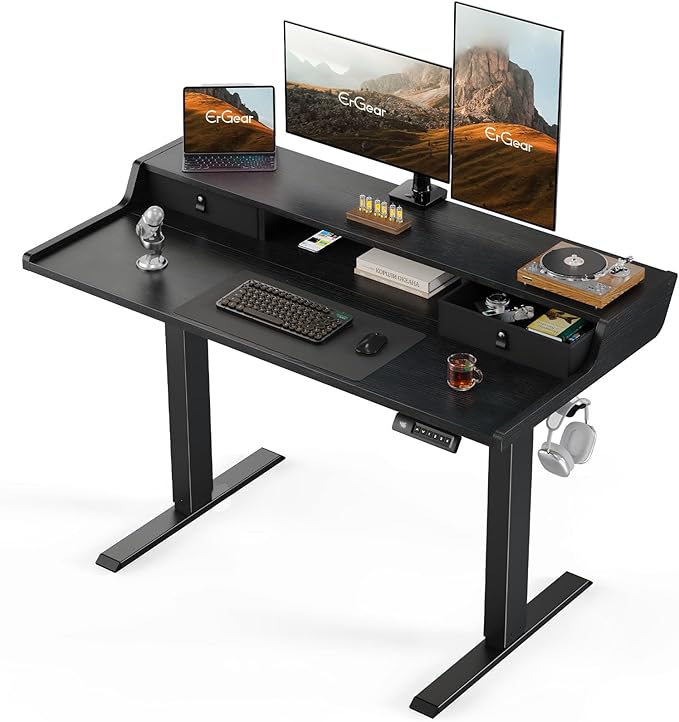 ErGear Electric Standing Desk with Drawers 48″ x 24″ Gaming Table Compatible Monitor Stand Stand up Desks Home Office Height-Adjustable Desk with Storage Shelf 4 Preset Heights Black