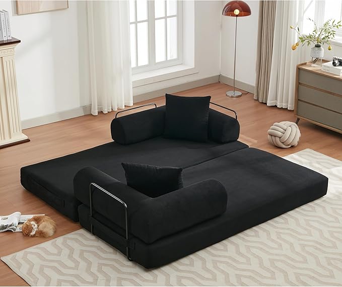 Convertible Floor Sofa Bed with Fixed-Shape Frame Modular Corduroy Folding Mattress Couch with Armrest Floor Sofa Lounge Couch for Living Room Bedroom Lounge Studio-Black