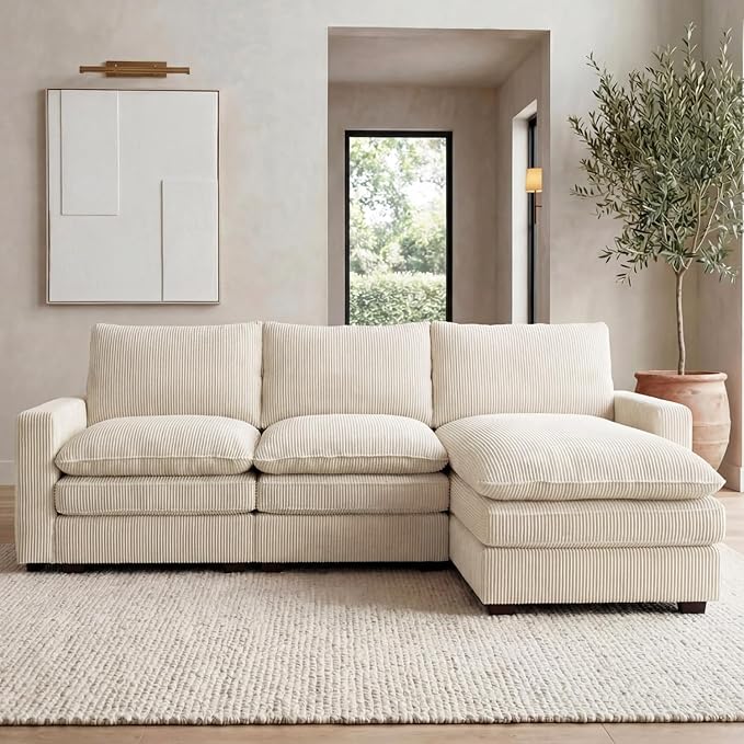 HONBAY 97.6 Inch Corduroy Cloud Modular Sectional Sofa with Chaise Deep Seat L-Shaped Couch with Storage for Living Room Apartment Small SpaceBeige
