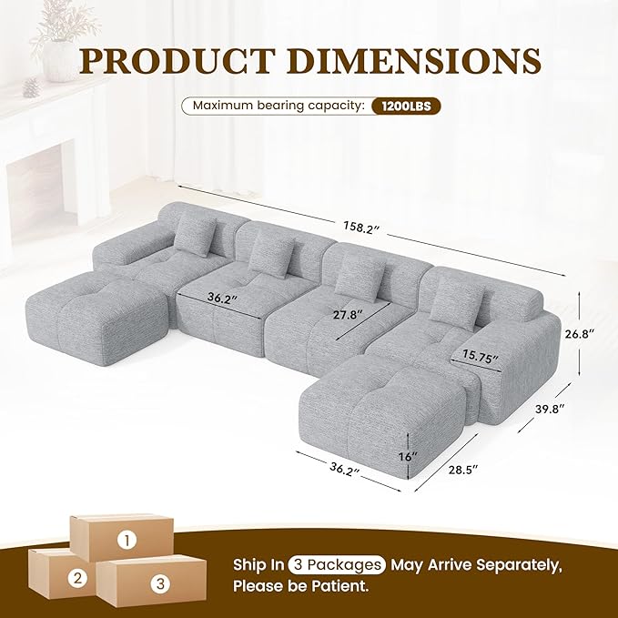 158 U Shaped Convertible Modular Couch Cloud Couch Sectional with Ottoman 6-Seater Chenille Boneless Couches for Living Room Apartment No Assembly Light Grey 1PCS
