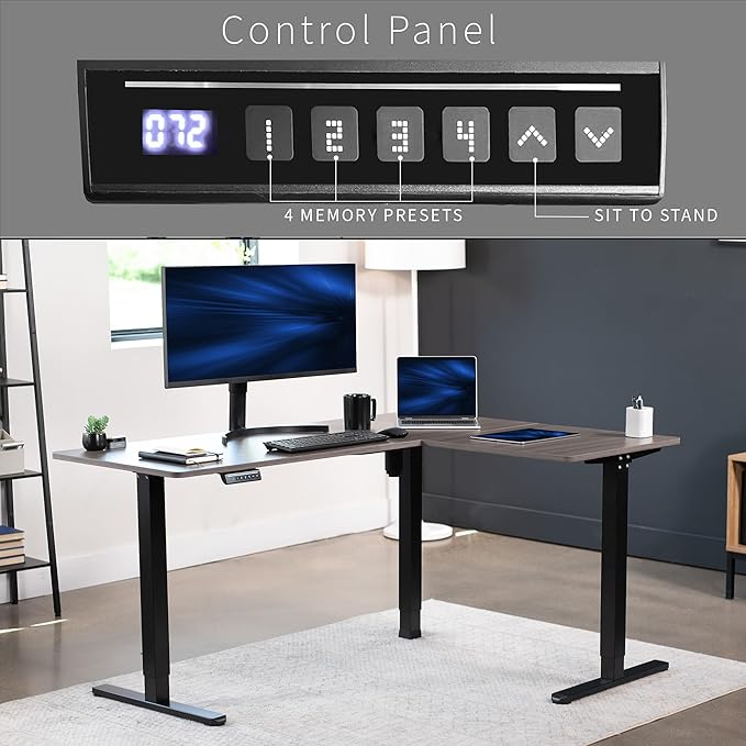 VIVO Corner Standing Desk 63 x 47 inch Reversible L-Shaped Workstation Electric Height Adjustment Home Office and Reception Rooms Dark Gray Table Top Black Frame DESK-E3CTG-47