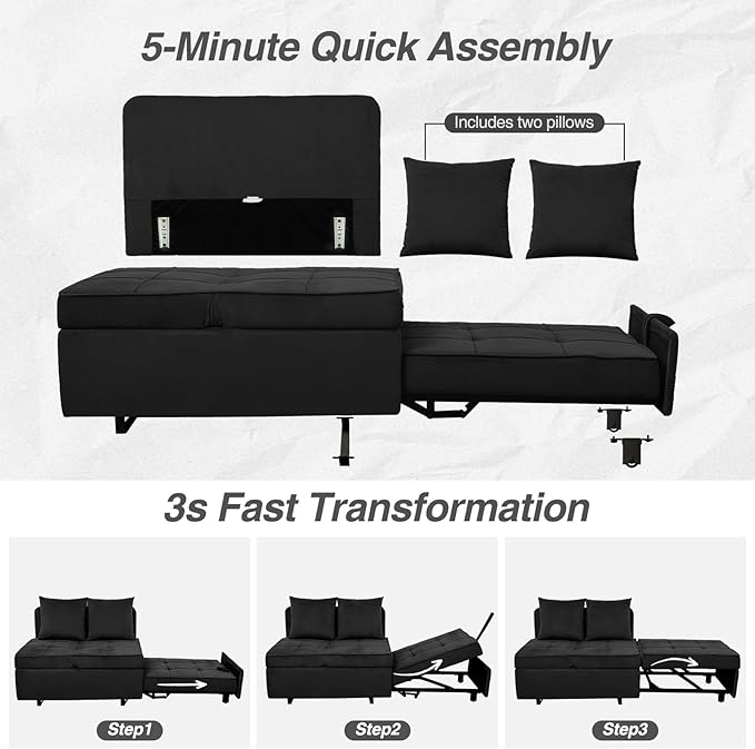 Sleeper Sofa Bed Convertible 4-in-1 Pull Out Couch with 5 Adjustable Backrest Modern Velvet Sofa with USB Ports &amp Storage Pocket (Includes Pillow) for Living Room BedroomApartment Black