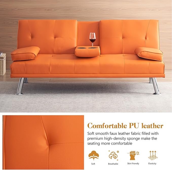 Modern Futon Sofa Bed 67 Inch Leather Convertible Futon Couch Loveseat Sleeper for Small SpacesComfy Folding Recliner Couches for Living Room Adjustable Backrest2 Cup HoldersMetal Legs (ORANGE)