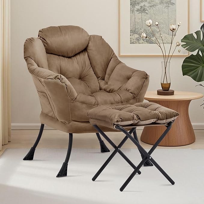 Lazy Chair with Ottoman Comfy Accent Lounge Chair with Side Pocket Modern Reading Armchair with Footrest Upholstered Sofa Chair for Small Spaces Bedroom Living Room Dorm Brown