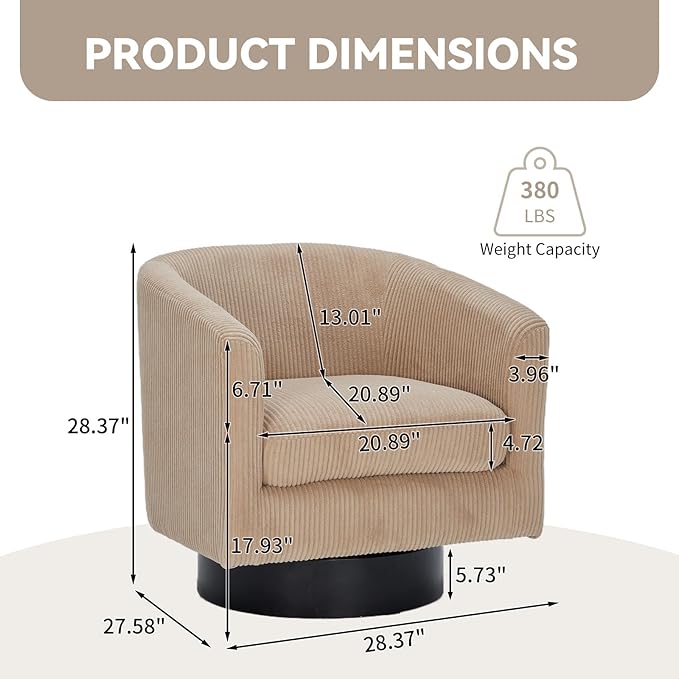 Swivel Accent Chair 360°Swivel Barrel Chair Comfy Upholstered Corduroy Club Armchair for Living Room Reading Room Bedroom (Light Brown)