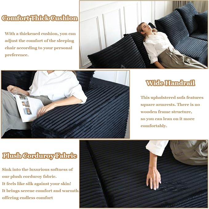 107.5 Sectional Couch Sofa Modular Cloud Couch with Pillows Corduroy L-Shape Sectional Couches for Living Room Apartment Office No Assembly Required (Black Left Facing Chaise+2 Seaters)