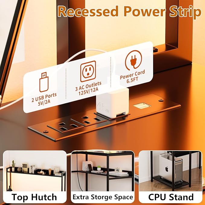 L Shaped Computer Desk with Hutch and Storage Shelves Gaming Desk with LED Lights Reversible L-Shaped Desk with Power Outlets Home Office Desk Corner Desk Black