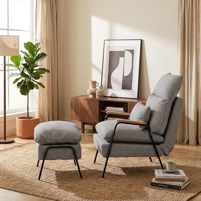 MCombo Accent Recliner Chair with Ottoman Modern Fabric Armchair Upholstered Sofa Bed for Living Room Bedroom Small Space 4055 (Black Frame Houndstooth)