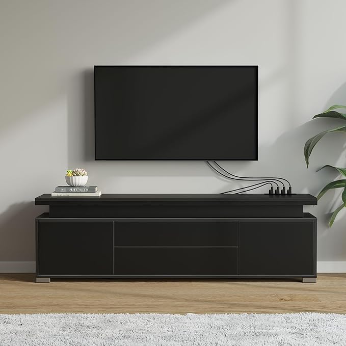 Rolanstar TV Stand with Power Outlet &amp LED Lights Modern Entertainment Center for 32/43/50/55/65 Inchs TVs TV Table Universal Gaming LED TV Media Stand with Large Storage Cabinet Black