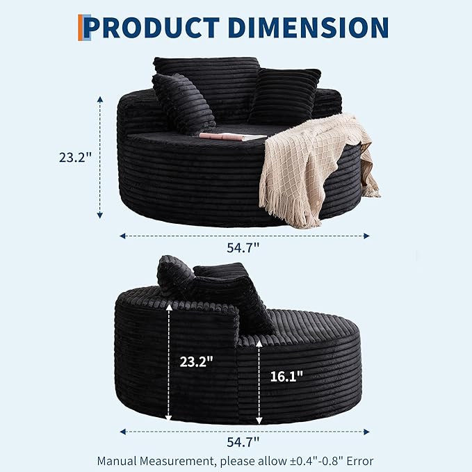 Garvee 55 Round Oversized Chaise Longue Chair Indoor Corduroy Upholstered Boneless Cloud Couch Deep Seat Sleeper Floor Sofa Chair for Living Room Bedroom Apartment Black