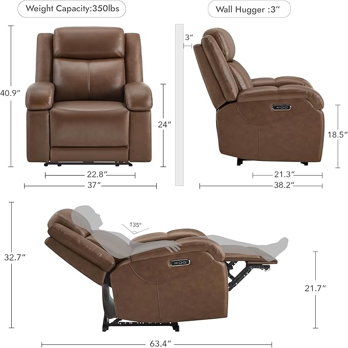 Watson &amp Whitely Genuine Leather Power Recliner Chairs for Adults Wall Hugger RV Recliner with Power Headrest &amp Charging Ports Electric Recliner Sofa Chair for Living Room Cafe