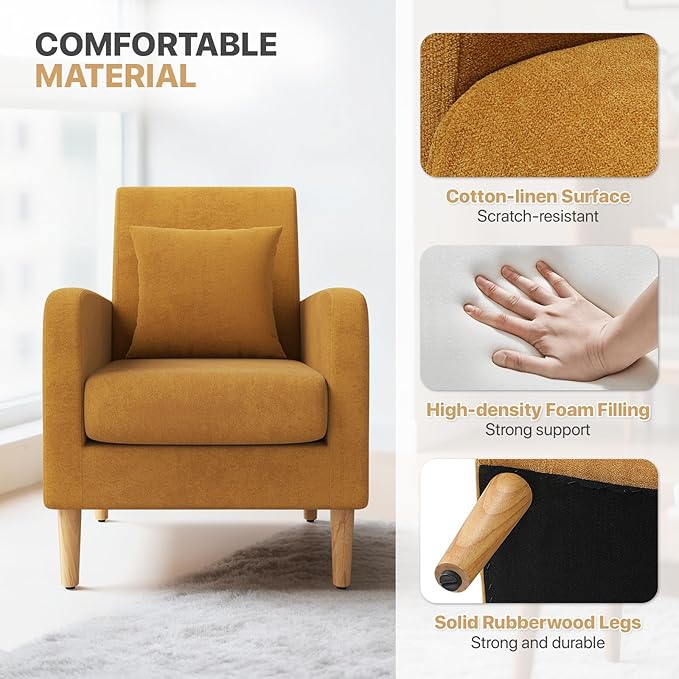 Magshion Mid-Century Accent Chair for Living Room Comfy Reading Chair for Bedroom Upholstered Linen Fabric Armchair Single Sofa with Back Pillow &amp Wood Legs 300 lbs Capacity Yellow