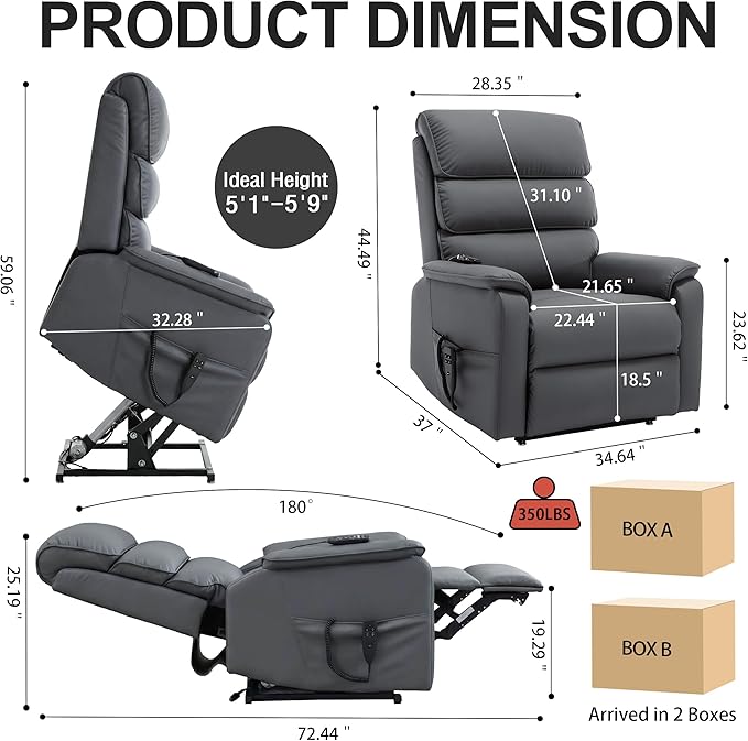 Luxlen Leather Power Lift Recliner Chair for Elderly Dual Motor Lift Chair with Vibration Massage &amp Lumbar Heating Infinite Position Up Recliner with Power-Remote - Faux Leather Gray